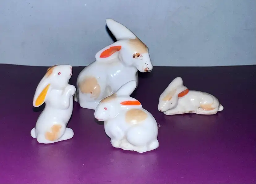 Set Of Four Vintage Japan White Rabbit Miniature Figurines Bone China - Easter