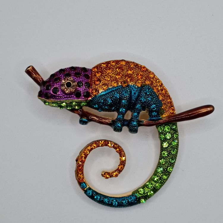 Multicolor Chameleon Brooch Pendant Colorful Rhinestone Statement Jewelry (Inv - #01)