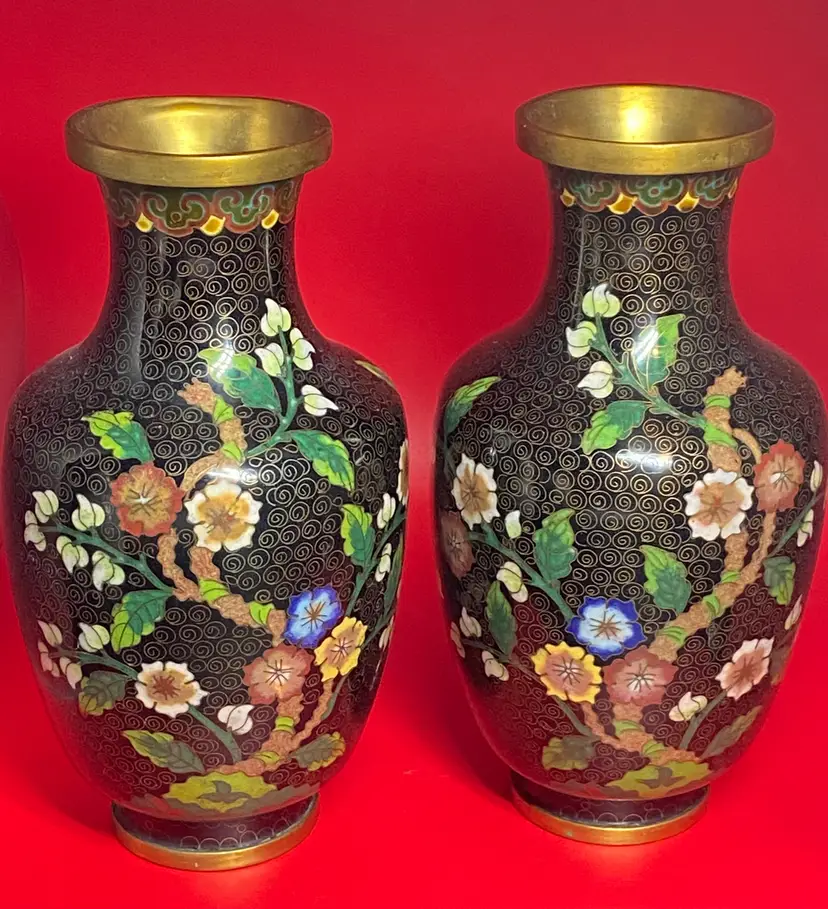 2 Cloisonne Vases w/ Brass Rim and Base, 7.75" Tall