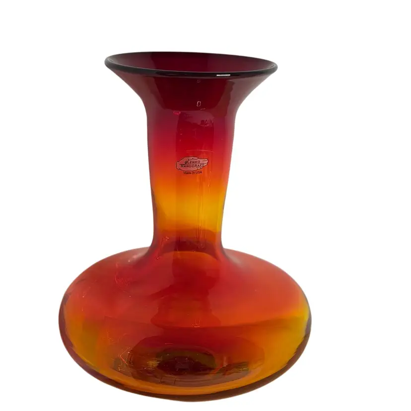 BLENKO Vase Tangerine/Amberina #3302 Flared Mouth Signed Richard Blenko-Dated-Etched Blenko 2003 Label Glows READ
9-1/8” T x 4-3/8” W (Top) x 7” W (Widest)