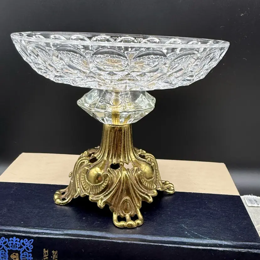 🐞Vtg  1973 L&L WMC Crystal & Ornate Brass Pedestal Vanity Dish Hollywood Regency 5x6”