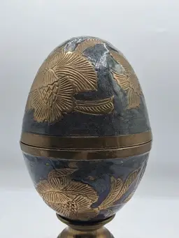 Vintage Enameled Cloisonné Large Brass Egg, Trinket Box