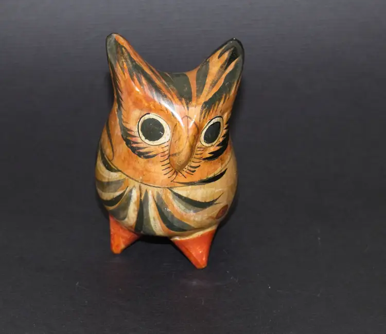 Vintage Tonala Pottery Owl Bird Hand Painted Mexico 5" Tall