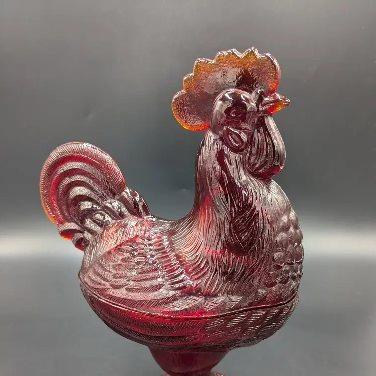 Vintage L.E. Smith Ruby Red Glass Rooster Pedestal Candy Dish