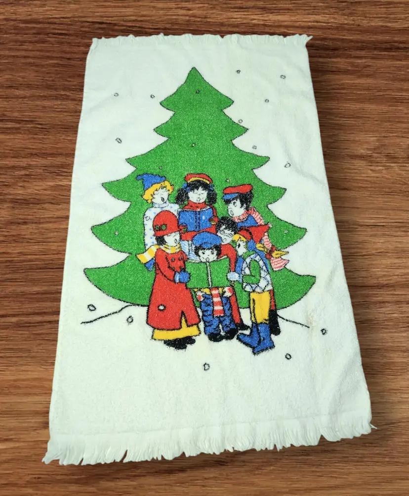 Vtg Cannon Christmas Carolers Cotton Hand Towel Kitchen 80s Holiday READ