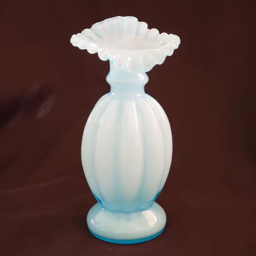 Art Glass Fenton Vase Art Deco Blue Overlay 8½" Tall Crimped Ruffled Melon READ