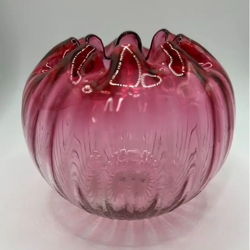 Cranberry Glass Rose Bowl Handblown Ribbed Design 3.5” tall