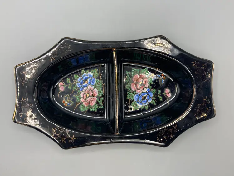 Vintage Hand Painted Red Clay with Black Glaze Ceramic Divided Trinket Dish with Floral Design Japan