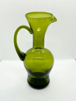 Vintage Hand Blown Pitcher Olive Green Avocado Decanter Art Glass Vase 8" MCM