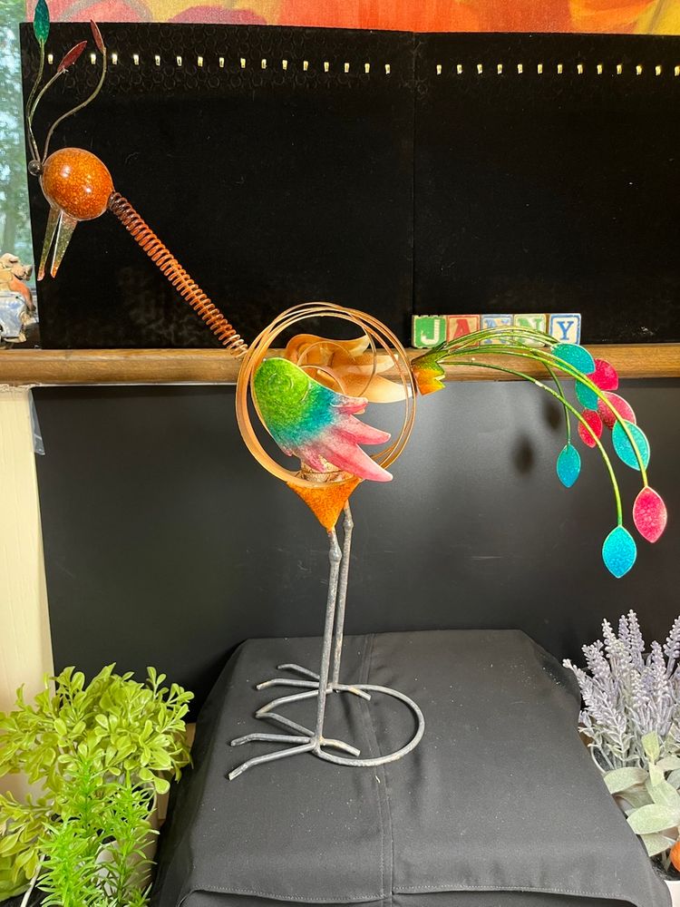 Metal & Wire Peacock w/ Votive Holder-Has a Spring for Its Neck-Wonderfully Decked out in Colorful Wings, Metal Head Feathers & Tail Feathers. Lot 60