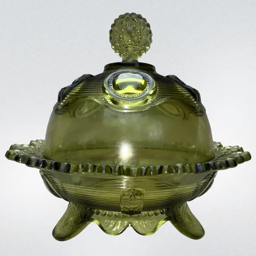 Imperial Covered Butter Dish Glass 1960s DEWEY PATTERN Green Verde Footed Round