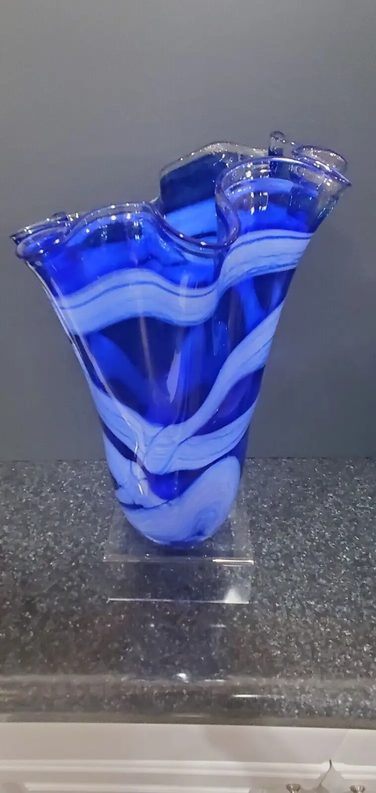Vintage Cobalt Blue White Swirl Handkerchief Handblown Art Glass Vase 13" Tall