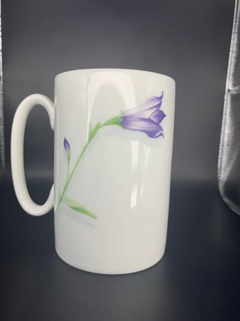Han Jun Bellflower Coffee Mug, Imperial Bone China, Pure and Natural Design, H: 4 1/4”, L: 4”, W: 2 7/8”.