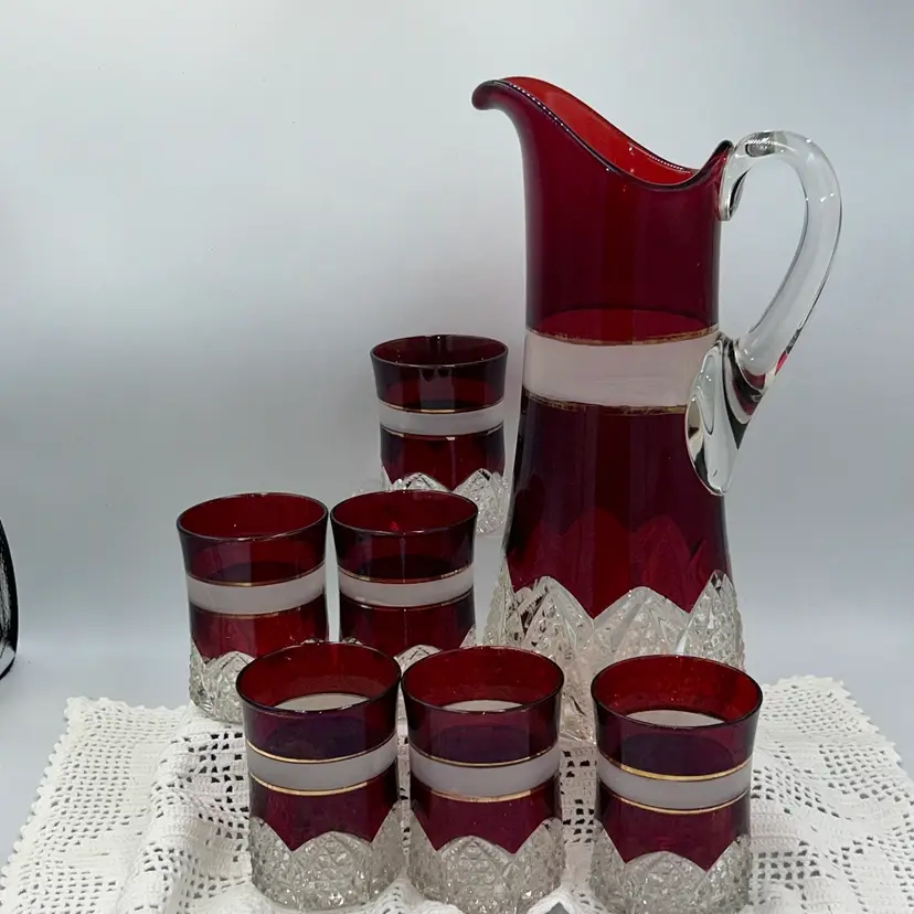 Antique Large Ruby Flash Pressed Glass Pitcher w/6 Glasses Early 1900’s