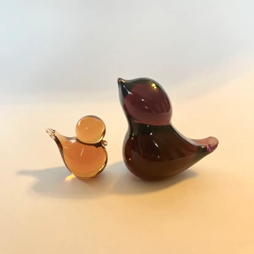 Art Glass Bird Figurines – Small Amethyst & Mini Amber Hand Blown Lot of 2 MCM