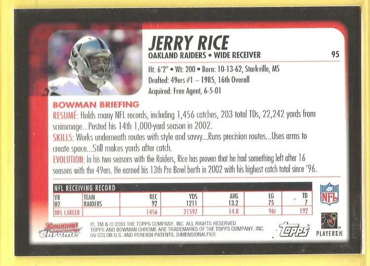 2003 Bowman Chrome #95 Jerry Rice Oakland Raiders