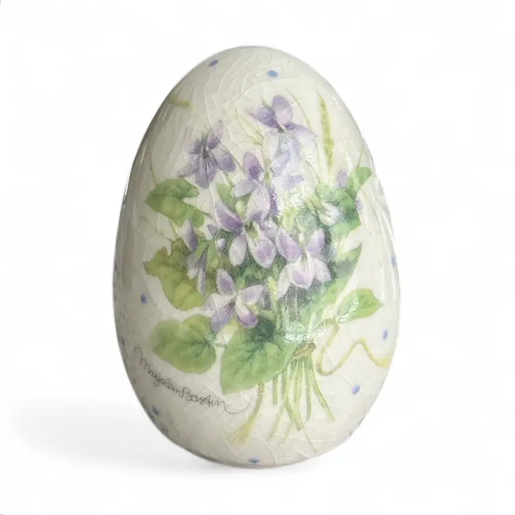 Ceramic Egg Figurine With Flower And Polka Dot Design