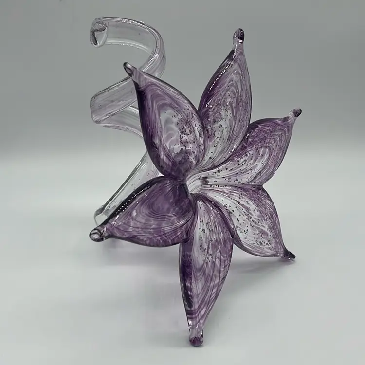 Handblown Art Glass Purple Glitter Flower w/ Swirled Stem | 6”