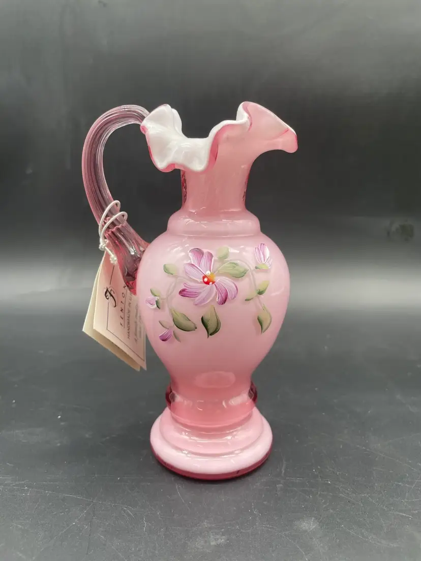 Vintage 1996 Fenton Art Glass Asters On Dusty Rose Overlay Pitcher