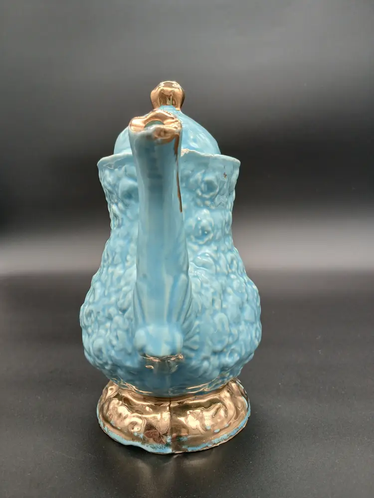 Vintage Robin Egg Blue Embossed Ceramic Teapot with Gold Accents