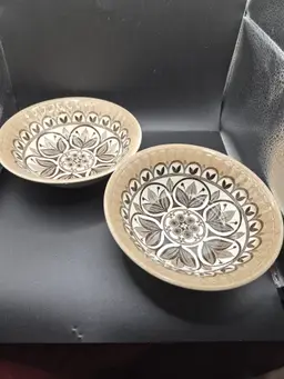 Vintage Ferndale English Ironstone 2 Bowls 6" Hand-Engraved Floral Brown White