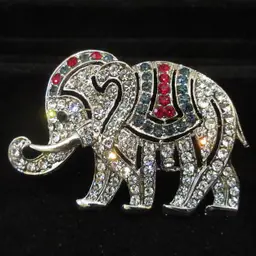 Vintage Silver Tone Metal w/ Red, White & Blue Crystal Rhinestones Elephant Brooch Pin - 2.5 Inches