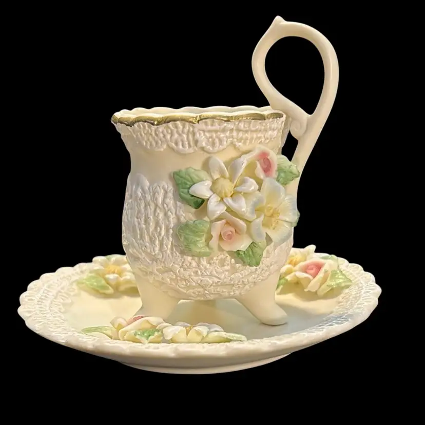 Bisque Trifooted Cup Saucer Espresso Flowers