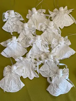 Handmade Battenburg Lace Pearl Halo White Linen Doily Angels 12 Ornaments