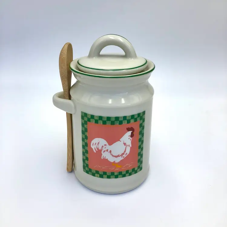 Sugar Bowl Jam Pot Chicken Bamboo Spoon By Crowning Touch Japan Pottery
