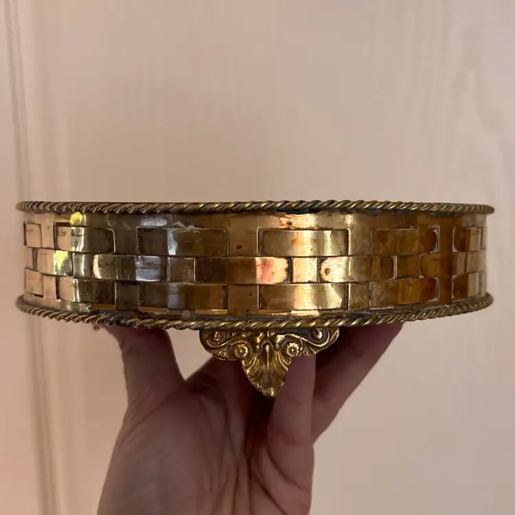 Vintage Brass Etched Woven Footed Tray
