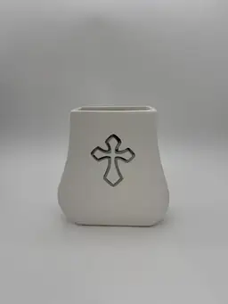 Faithful Blessings FTD Flower Vase White With Silver Cross Medallion Vintage