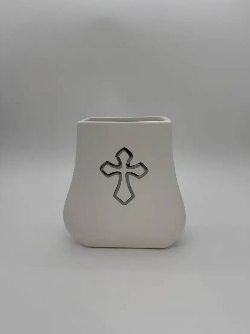 Faithful Blessings FTD Flower Vase White With Silver Cross Medallion Vintage