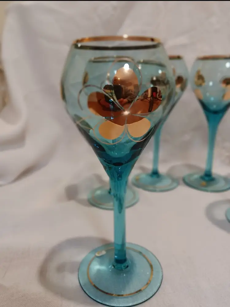 Stunning Vintage Aqua and Gold Hungarian Bohemian Wine Glasses. Set of 6