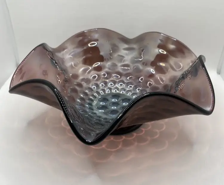 Fenton Coin Dot Amethyst Irredescent Carnival Glass Ruffled Candy Dish Bowl