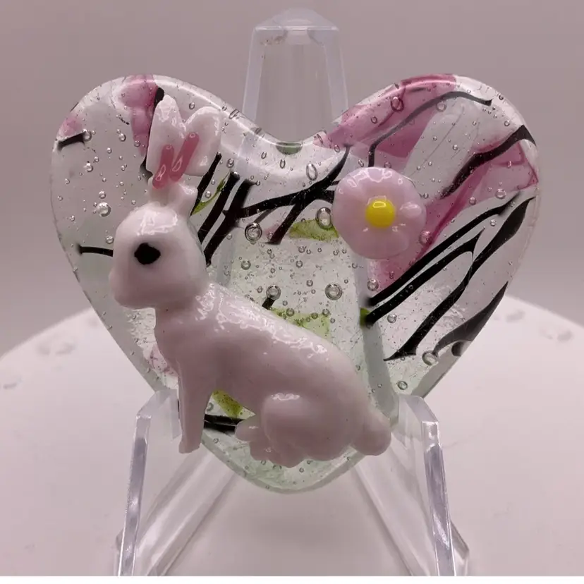 Made by Me! AS IS Fused Glass Pocket Heart Bunny Rabbit 1.75” Handcrafted Studio Art