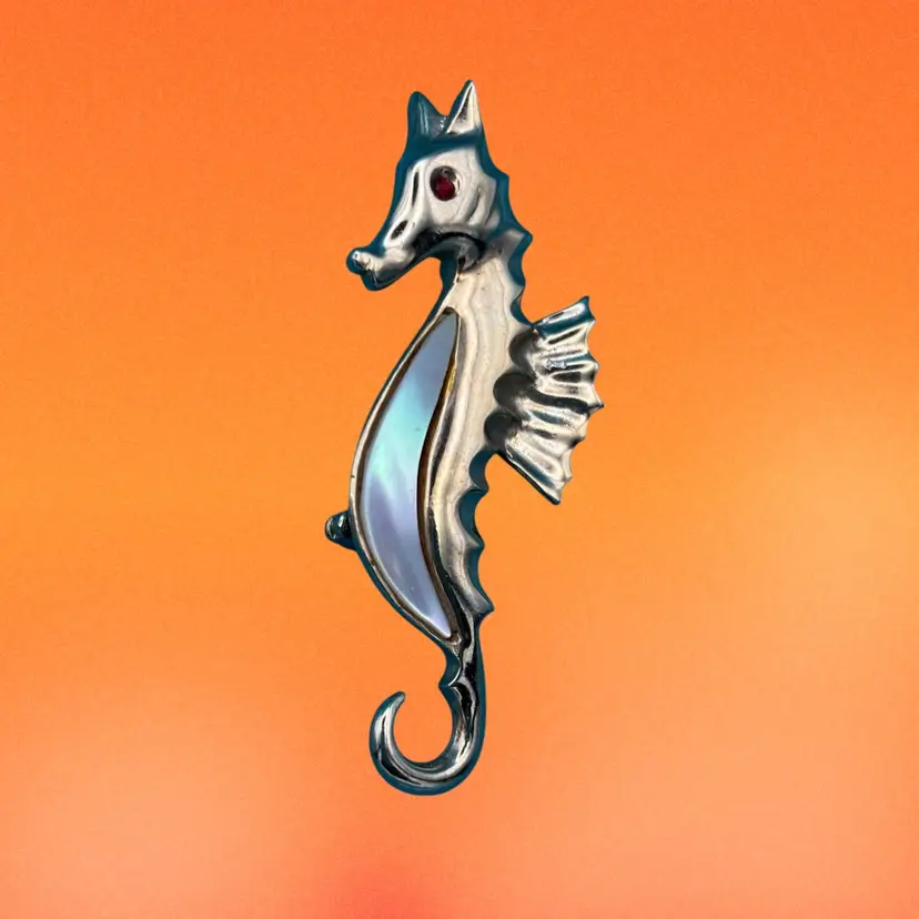 Vintage Seahorse Brooch with Mother-of-Pearl Inlay & Red Rhinestone Eye, Nautical Ocean Jewelry