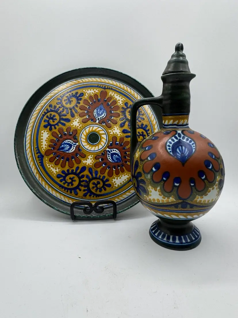 Antique Gouda Holland Pitcher & Plate Set