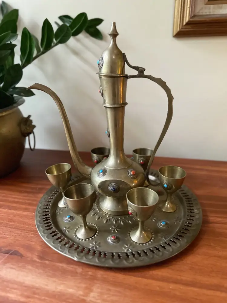 Vintage Decorative Brass Tea Pot Pitcher Goblet Tray Set