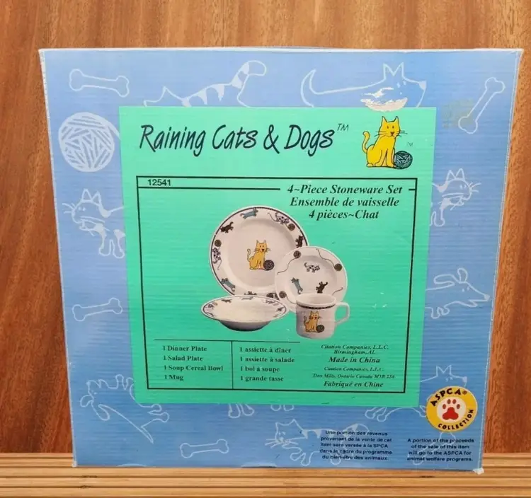 New Open Box Discontinued Stoneware Raining Cats & Dogs By Citation 4pc CAT Set