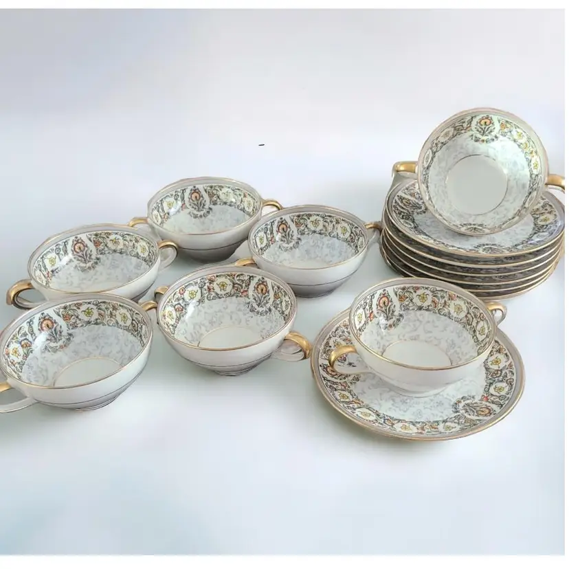 C Ahrenfeldt Limoges France 7 Boullion Soup Cup Saucer Set Gold Trim Grannycore