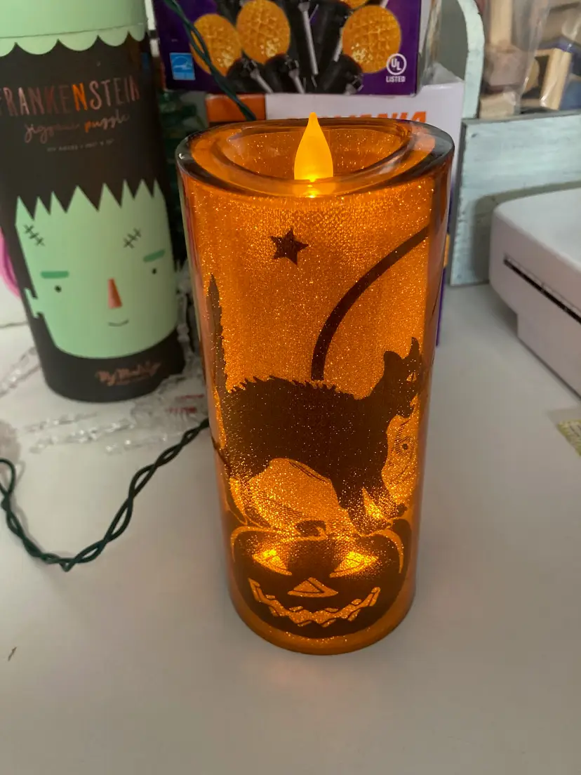 Pumpkin Colored Black Cat  Battery Operated Candle 7” Tall