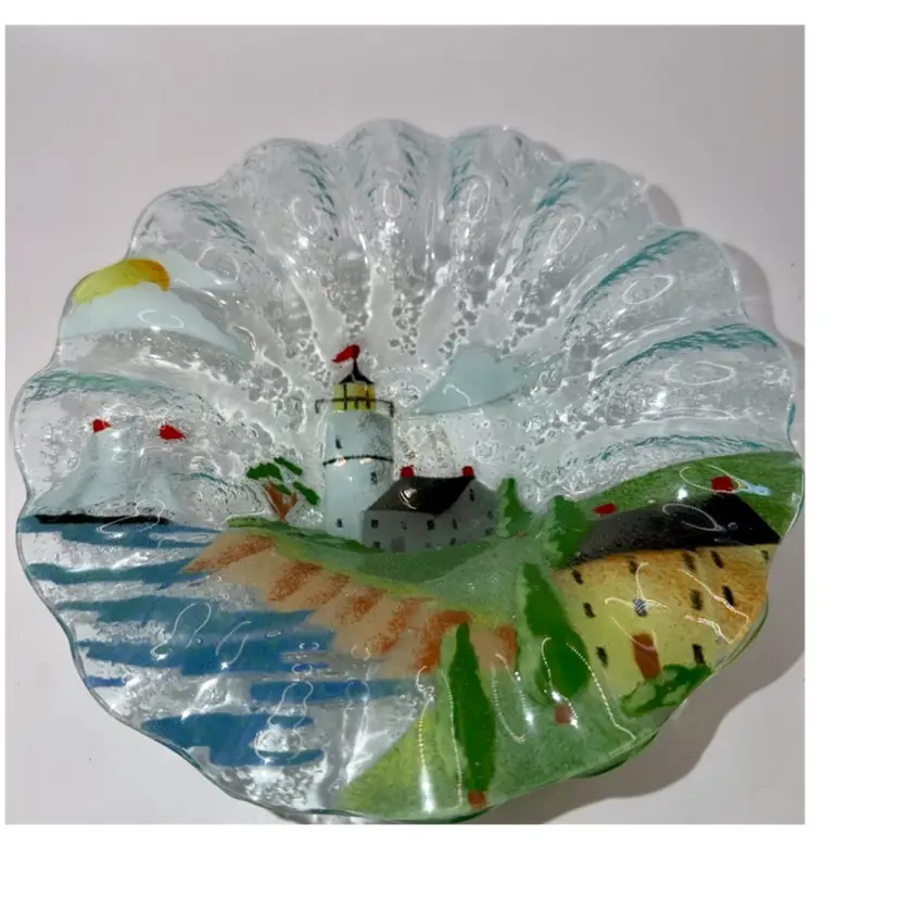 A C Ross Fused Glass Lighthouse Bowl 7”