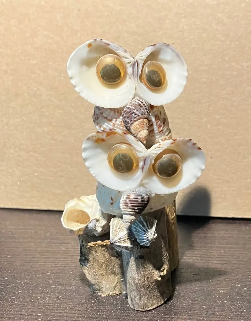 Handcrafted Sea Shell Owl Figurine On A Branch, 2 Owls