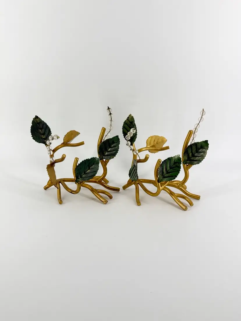 Pair Metal Pillar Candle Holders Gold Branches Green Leaves