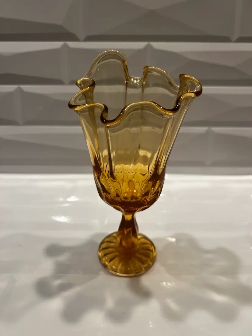 Fenton Colonial Amber Art Glass Thumbprint Swung Handkerchief Pedestal Vase