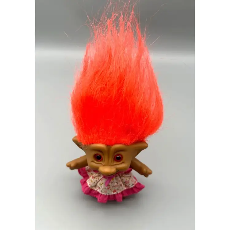Vintage Ace Troll Doll Novelty Co With Bright Orange Hair & Floral Dress 1990's