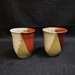 2 Vintage Signed Studio Pottery Ceramic Brown Tan Red Glazed Tumbler Cups