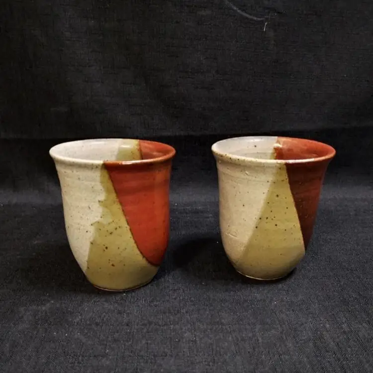 2 Vintage Signed Studio Pottery Ceramic Brown Tan Red Glazed Tumbler Cups