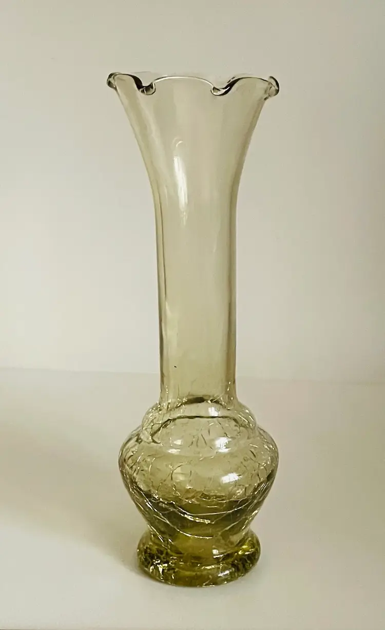 Vintage Yellowish Crackle Glass Vase Fluted Ruffled Bud Vase Translucent  -7” tall