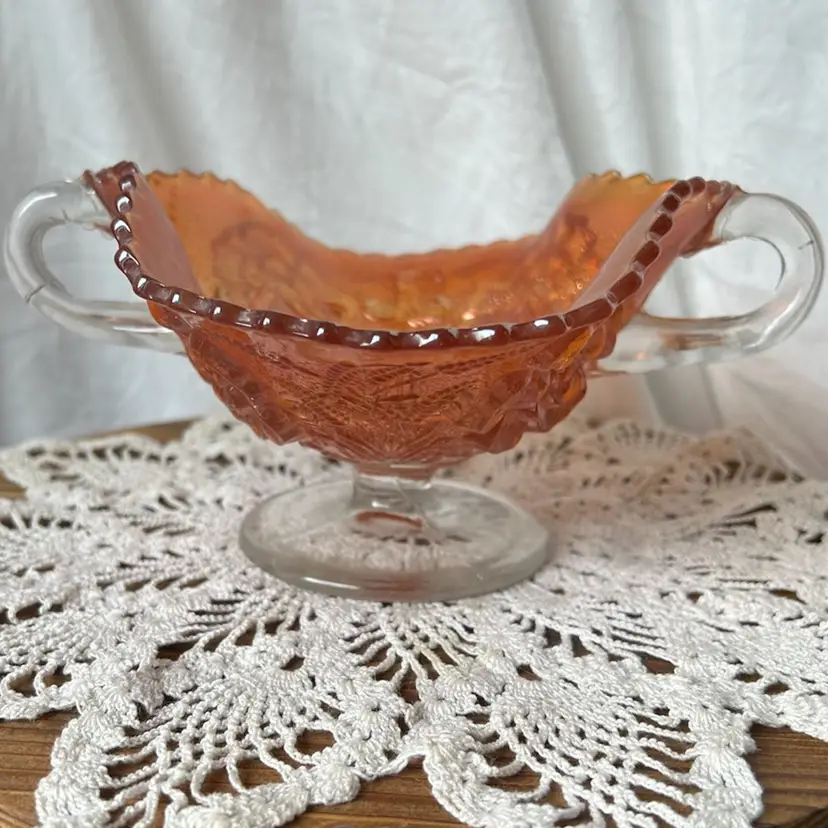 Antique Dugan Floral And Wheat Marigold Carnival Glass Handled Banana Dish